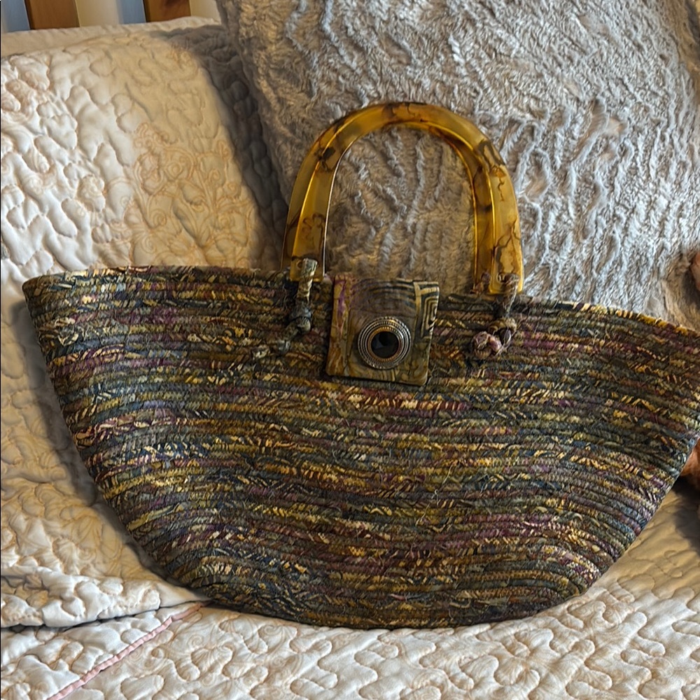 Hand crafted Multicolor Woven Tote Bag with Tortoise shell Handles